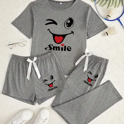 Cute Smiley Face Three-Piece Set, Matching Sets, Cartoon Pattern, Loose-Fitting Casual Home Wear, All-Seasons Comfortable Clothes