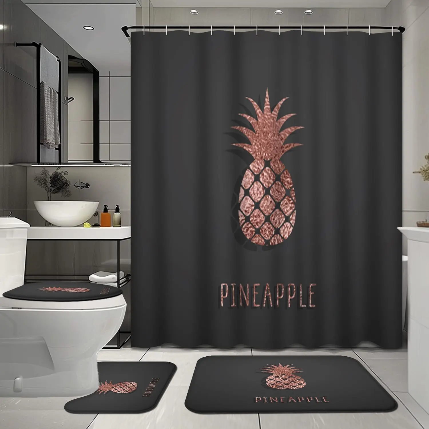 HOT 4 Pcs Rose Gold Bathroom Shower Curtain Sets with Rugs  Pineapple Tropical Bathroom Sets with Shower Curtain and Rugs  Black Pink Bathroom Decor Sets with Mats and Towels