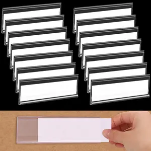 60 count Shelf Labels - 3 x 1 Inch Drawer Labels with 60 count White Paper Tags, Plastic Holders, Clear Adhesive for Storage, Bookshelf, Mailbox