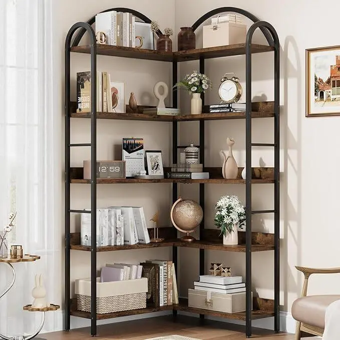 Arched Cabinet Bookshelf - 68.5" Tall 5-Tier L-Shaped Geometric Metal Frame Corner Shelf, Adjustable Shelves, Quick-Setup Retro Space-Saving Indoor Furniture with Anti-Tip Straps for Living Room, Bedroom