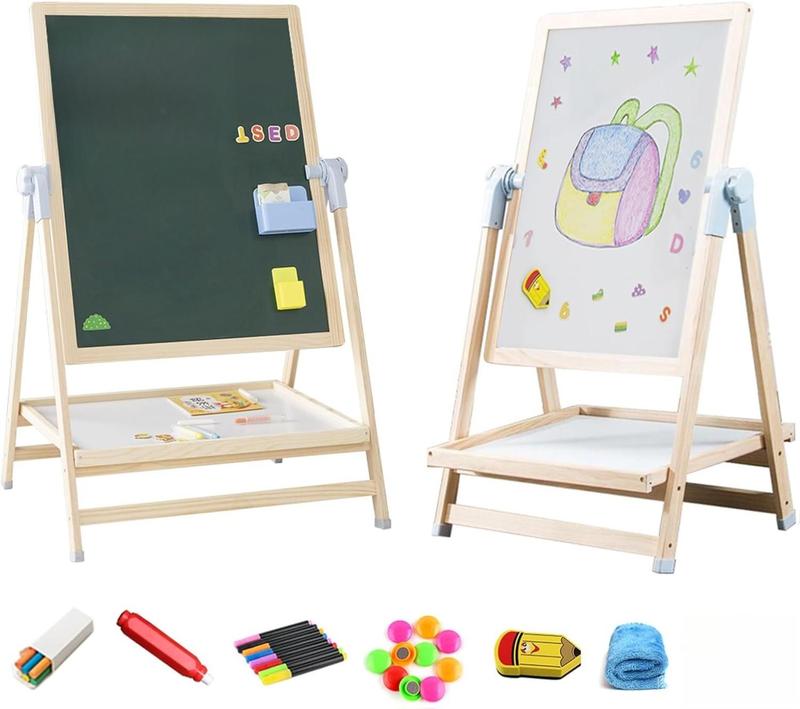 ADENA MONTESSORI 2-in-1 Adjustable Wooden Standing Art Easel & Toys Table for Kids 3-8 Years Old - Dual-Sided Magnetic Design with Storage Shelf & Accessories for Creative Play and Learning