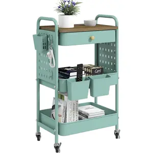 3 Tier Rolling Cart, Metal Utility Cart with Wooden Table Top & DIY Pegboard, Rolling Carts with Drawer, Storage Cart Craft Cart with Hooks &  Cups for Kitchen, Bathroom, Office
