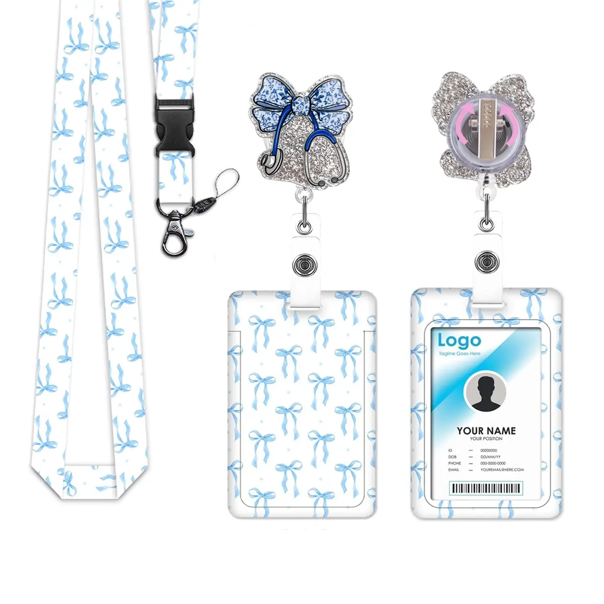 Blue Bow ID Badge Holder Set, Detachable Personalized Lanyard, Rotating Clip, Cute Work Tag Card Stand, Badge Reels Retractable, Office Gift for Teachers Nurses Doctors, Retractable Badge Holders, Badge Holder with Lanyard, Id Holders For Badges