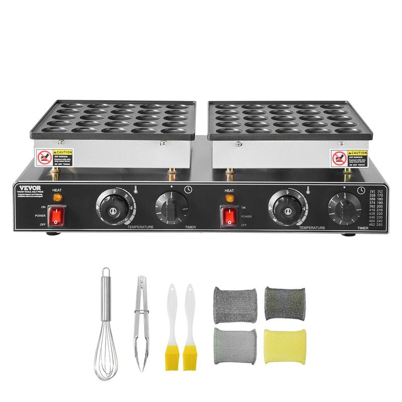 VEVOR 50PCS Mini Dutch Pancake Maker, Non-stick Stainless Steel Dorayaki Baker, 1800W Commercial Electric Poffertjes Grill Pan, Dual Temp & Time Control, for Kitchen Restaurant Breakfast Dessert