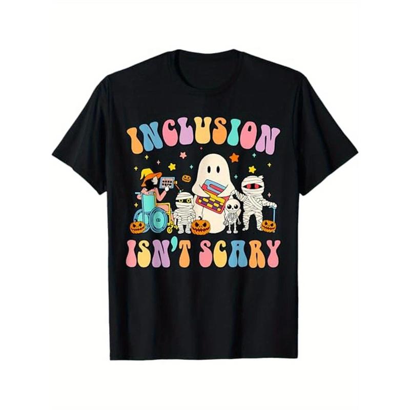 Inclusion Isn't Scary SLP Halloween Sped Teacher T-Shirt, Cotton, Gift for Men Women Dad Mom Friends, S-XXXL, Black time tee shirt backwards tattoo demon slayer merch double print oversize lightweight acid valentine gift cadena mr stiven
