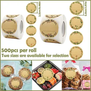 500Pcs/Roll Round Wreath Kraft Paper Stickers, Blank Writable Self-Adhesive Gift Labels, Vintage Floral Design for Gift Wrapping, Ideal for Storage Marking, Holiday Gift Bag Sealing Tags, Party Favors & Gift Packaging Decor