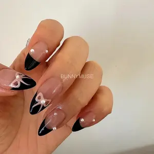 [BunnyMuse] Handmade Press on nails Jennie | Black pink, French Tip Bow, korean Nail, clear nails , glossy Nails Elegant Nails Cute short Nails, clean girl nail, vanilla girl nail, chic nail, bubblebath, funny bunny, square Nails, miu, prom nails