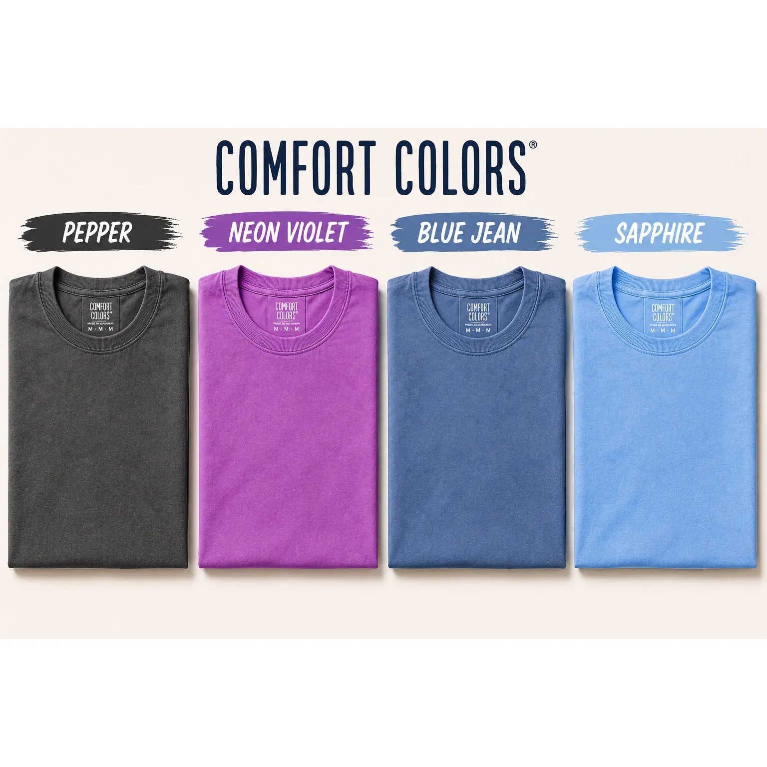 LIVE CLAIM COMFORT COLORS T-Shirts in Pepper Neon Violet Blue Jean & Sapphire - Perfect Tee Colors for You