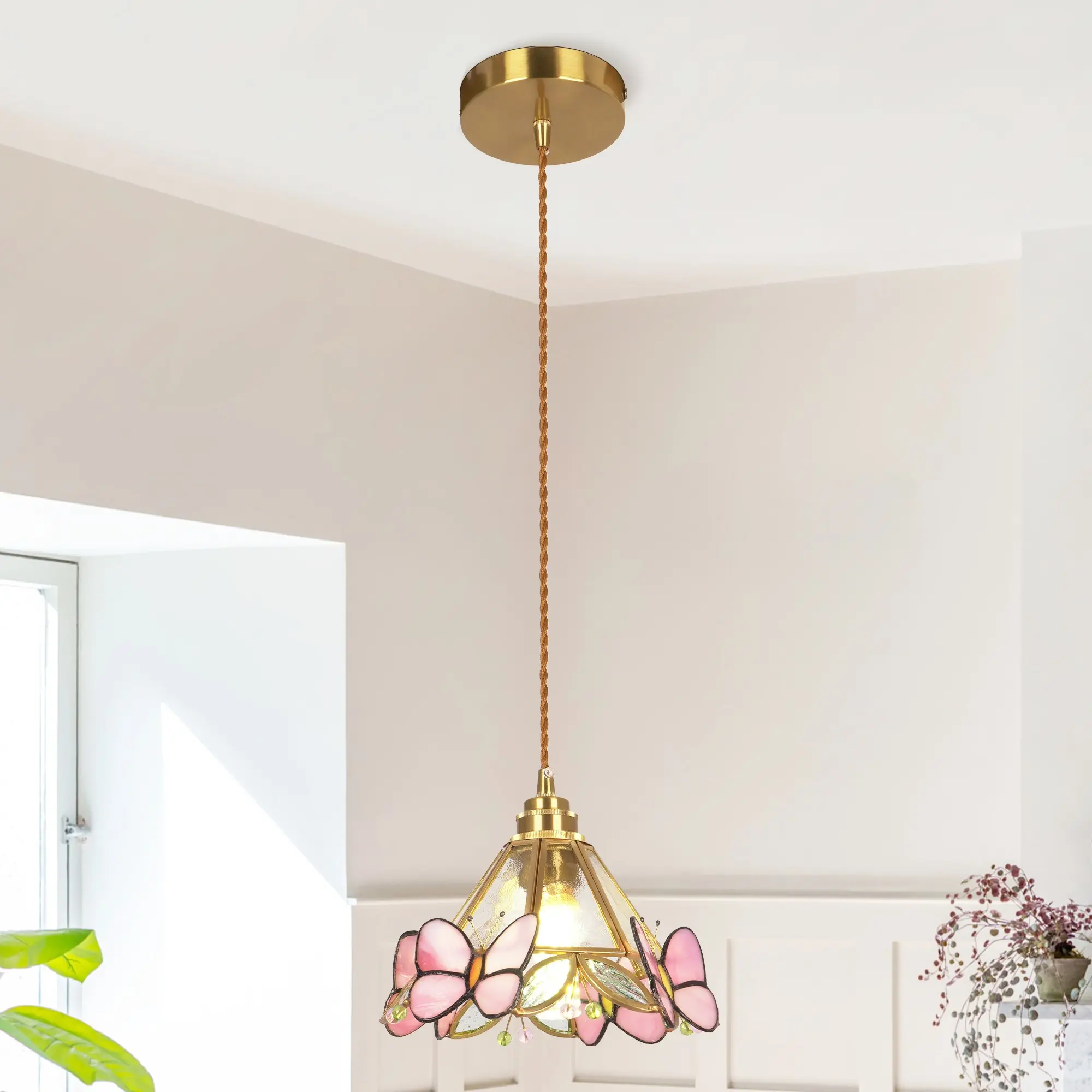 8 Inch Tiffany Style Butterfly Stained Glass Pendant Light, 3 Color Temperature, E26 Base with 3-Color Bulb Included, Brass Copper Finish, Adjustable Hanging Cord, Wall Control for Kitchen Island Bedroom Foyer Hallway, Whimsical, Vintage Decor