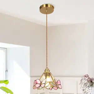 8 Inch Tiffany Style Butterfly Stained Glass Pendant Light, 3 Color Temperature, E26 Base with 3-Color Bulb Included, Brass Copper Finish, Adjustable Hanging Cord, Wall Control for Kitchen Island Bedroom Foyer Hallway