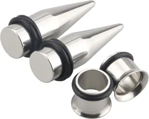 Stainless Steel Ear Gauge Taper Stretching and Single Flare Plugs Flesh Tunnel Kit with O-ring 2 Pairs