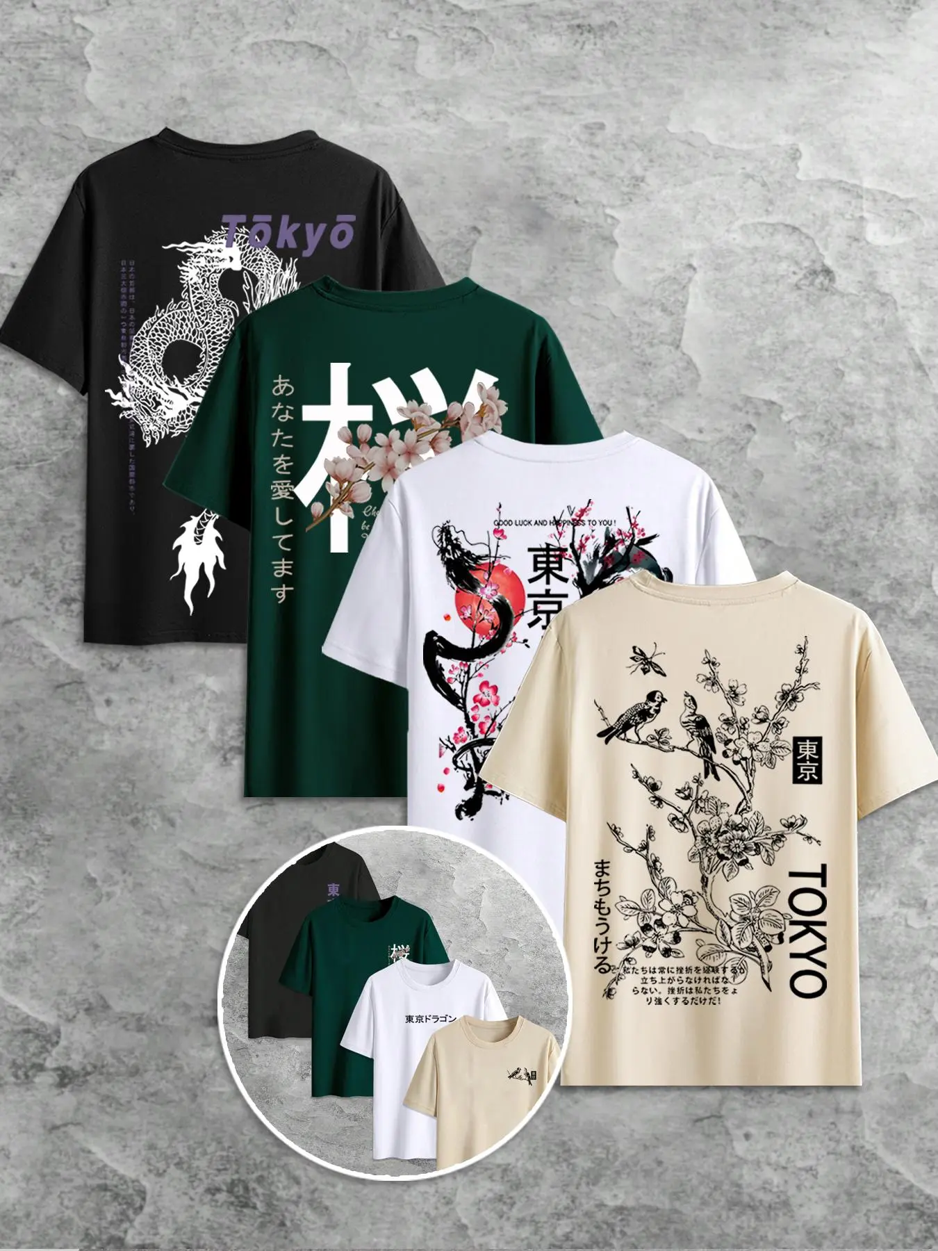 Men's Japanese Print Cultural Classic Short Sleeve Tee, Casual Style Tee, Regular Fit Casual Crew Neck T-Shirt for Summer, Men's Top for Daily Wear, Tropical, Menswear
