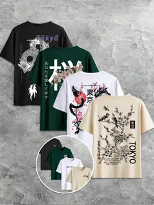 Men's Japanese Print Short Sleeve Tee, Regular Fit Casual Crew Neck T-Shirt for Summer, Men's Top for Daily Wear, Tropical