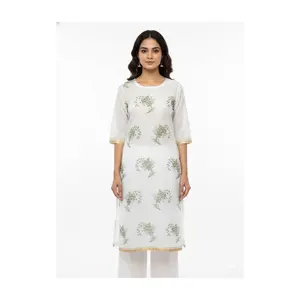 White Floral Kurta Top with Gold Trim (3/4 Sleeves) #Top-75