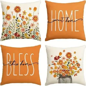 4 pieces of plant flower letter print pillow, sofa cushion cover, car waist support, bedside cushion cover suitable for birthday, anniversary, Thanksgiving, Christmas gift
