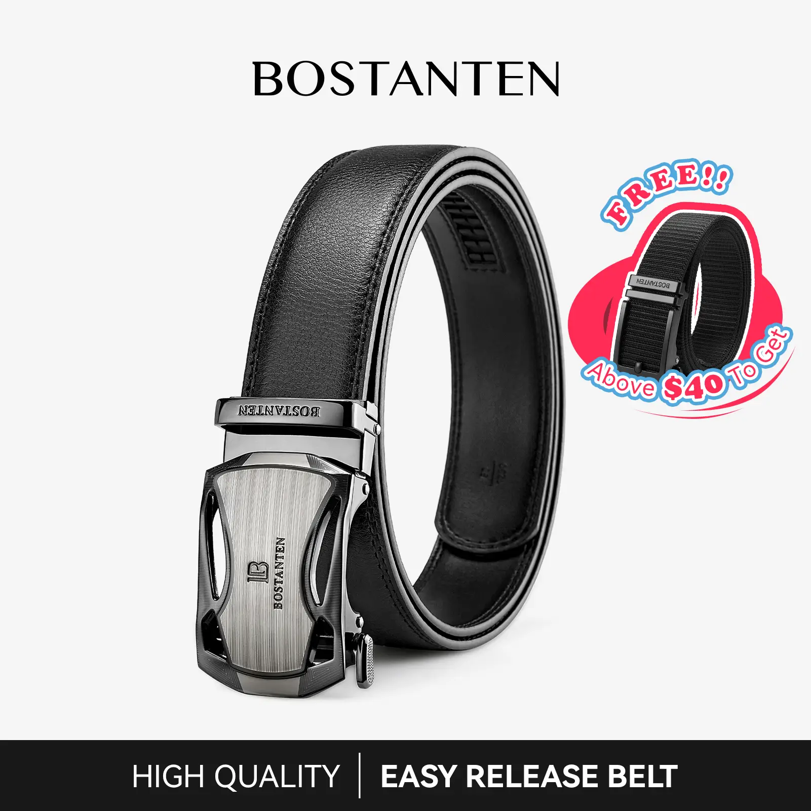 BOSTANTEN Leather Mens Belt Easy Release Ratchet Belt For Men Dress and Casual with Adjustable Buckle, Trim to Fit Textured Fathers Gift