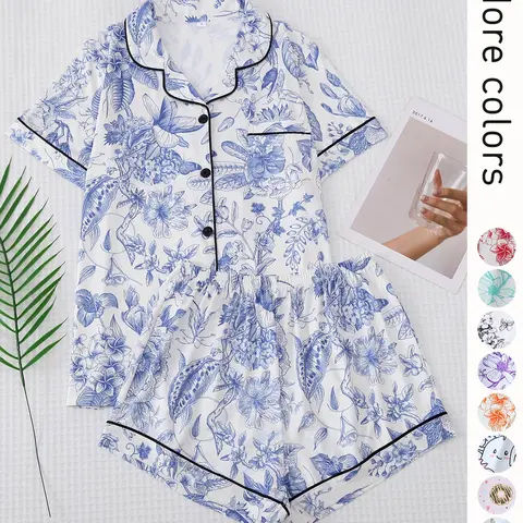 2 Counts Women's All Over Print Contrast Binding Lapel Shirt & Shorts Pyjama Set, Back To School Button Front Short Sleeve Top & Elastic Waist Shorts Pj Lounge Set For Fall, Casual Two-piece Sleepwear Loungewear Co-ord Set for Women