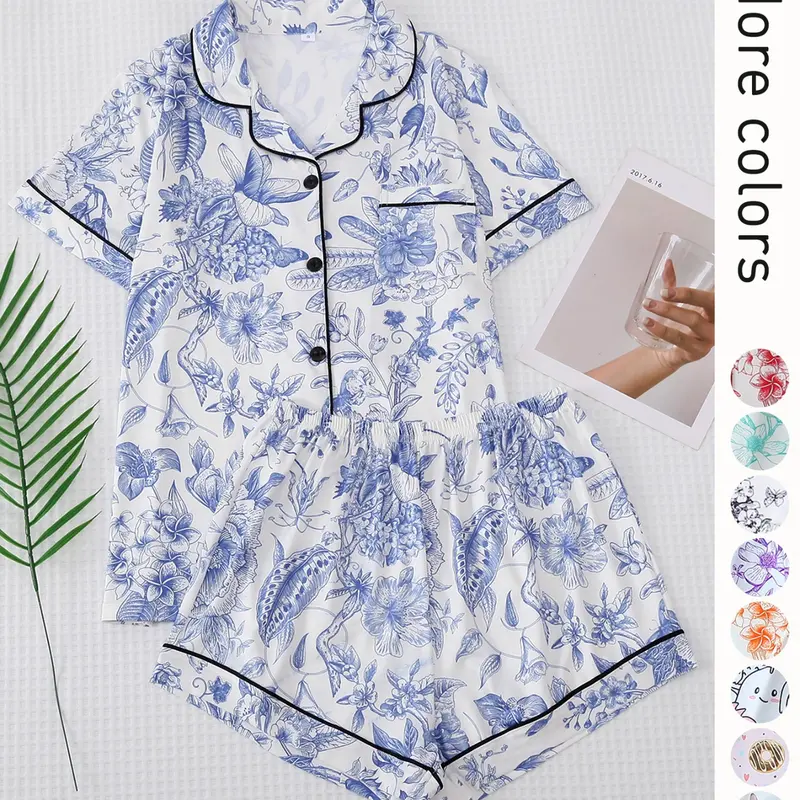 2 Counts Women's All Over Print Contrast Binding Lapel Shirt & Shorts Pyjama Set, Back To School Button Front Short Sleeve Top & Elastic Waist Shorts Pj Lounge Set For Fall, Casual Two-piece Sleepwear Loungewear Co-ord Set for Women