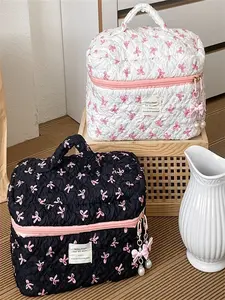 Women's Soft Cloth Cosmetic Bag, Cute Butterfly Knot Design, All-Season Travel Storage Pouch, Portable Makeup Organizer