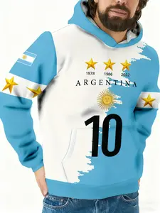Men's Argentina National Team 3D Printed Hoodie, Blue Flag Stars & No 10 Jersey, Fall Casual Pullover, Fanwear