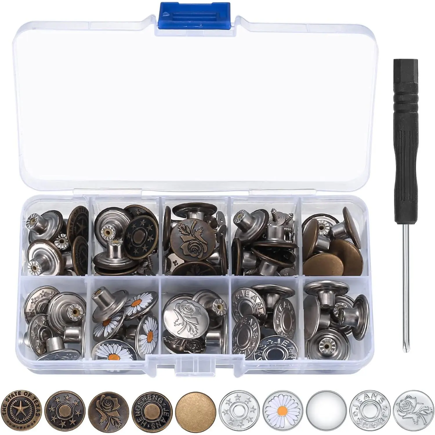 50 count Jean Buttons  Kit, 17mm Metal Snap Denim Buttons for Pants, Jeans & Suspenders, 10 Styles
