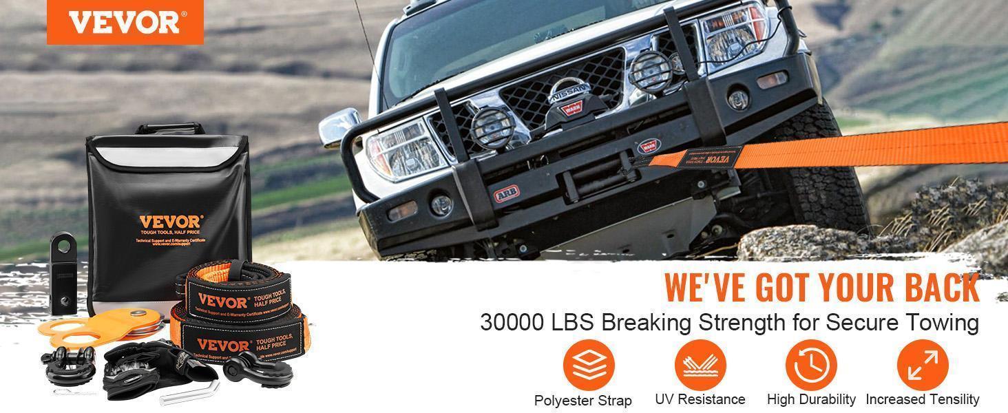 VEVOR Off-Road Recovery Kit, TikTokShopBlackFriday, 3" x 30', Heavy Duty Winch Recovery Kit with 30000 lbs Tow Straps, 44092 lbs D-Ring Shackles, Shackle Receiver, Snatch Block Pulley, Gloves, Storage Bag for ATV Jeep Truck