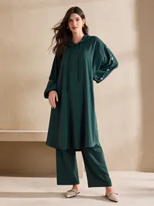 Women's Abaya Set, Long Robe with Hooded Top & Pants, Loose Fit Middle Eastern Style, Ethnic Print Design, Comfortable Fashion Wear, Modesty Muslim Clothing