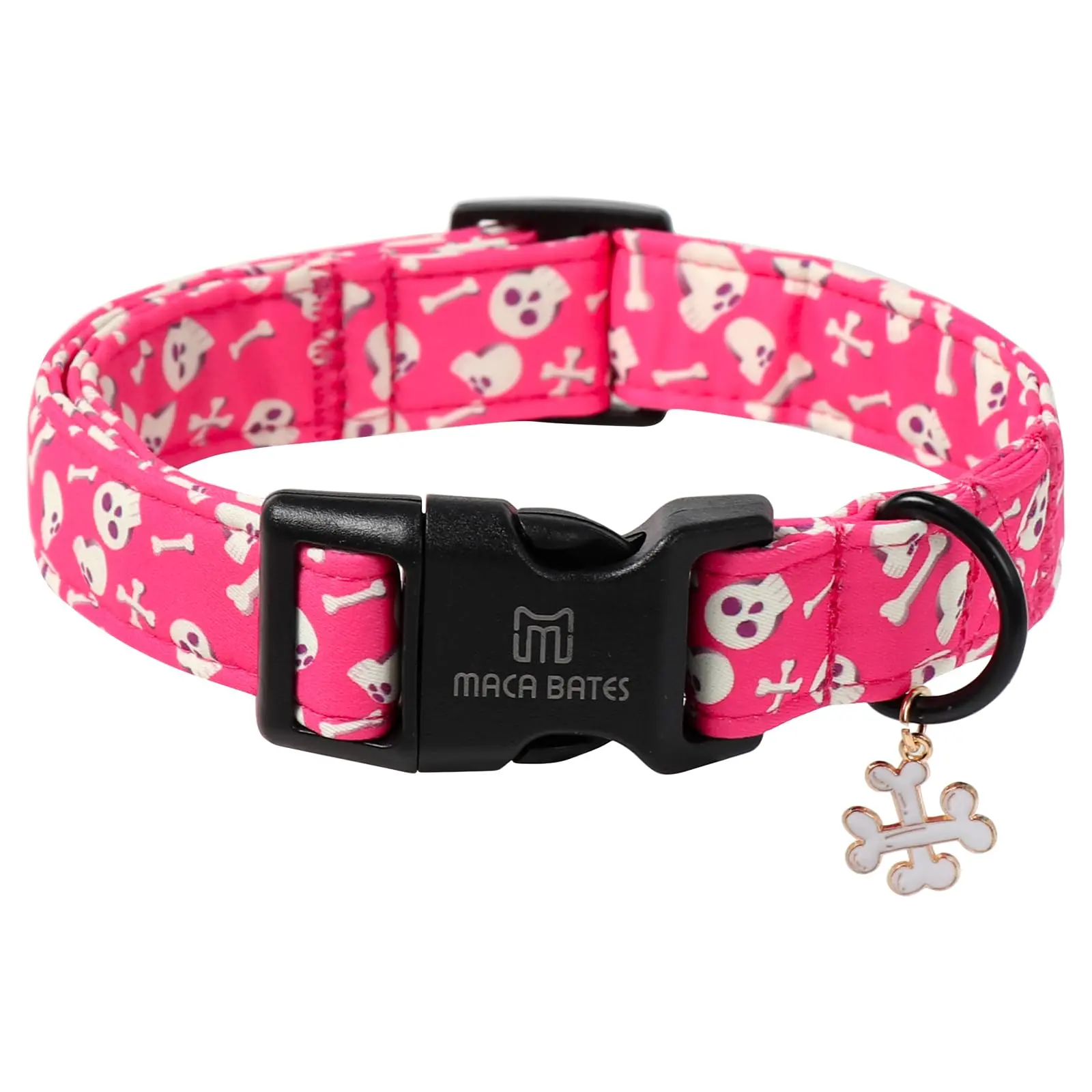 Maca Bates Halloween Pink Skull Dog Collar - Cotton Cloth, Adjustable Soft Collar with Bone Charm, Safety Buckle, Easy Cleaning, Universal Size for Small/Medium/Large Dogs backtoschool