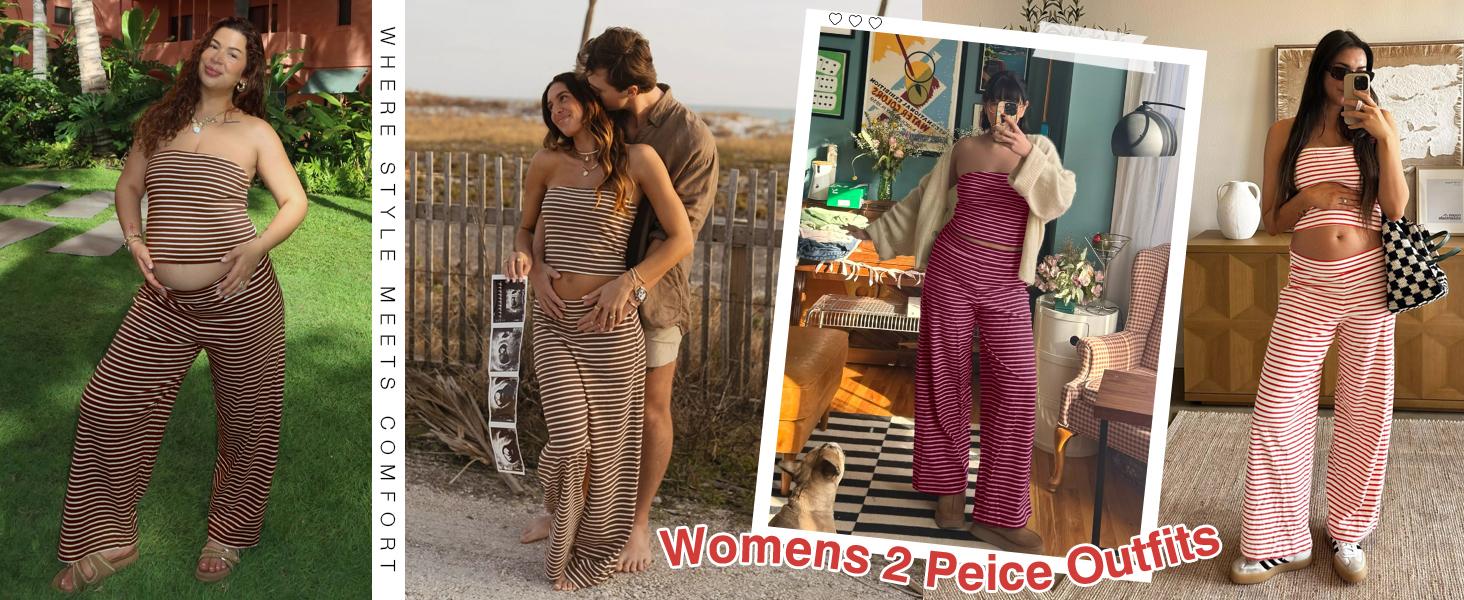 Tankaneo Womens Striped 2 Piece Sets Casual Summer Strapless Crop Tube Tops Wide Leg Pants Matching Lounge Set Vacation Outfits Spring & Summer Holiday Outfits, Comfortable Womenswear Fashion Womenswear Beach Clothes