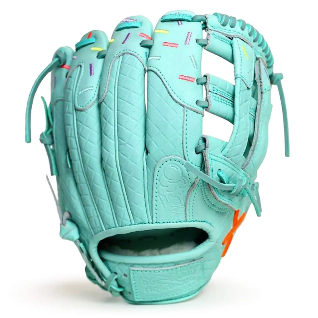 Leather Softball Glove, Mint Dipped Design, Fine Point Embroidery, Suitable for Baseballs, 12-Month Durability Guarantee, 30-Day Return Policy, Handmade Craft, Baseball Glove, Artistic Touch, Mint Dip Look, Luxury Sheep Wool Wrist Strap, Unisex, 12 Months