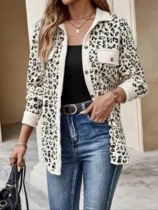 Women Leopard Print Lapel Fitted Jacket 2026 Vintage Unique Style Daily Shopping Coffee Casual