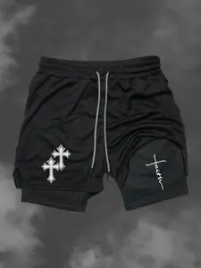 Men's Summer Dual-Layer Gym Shorts, Cross Print, Breathable Comfort, Phone Pocket, Ideal for Running and Outdoor Activities, Shorts with Pocket