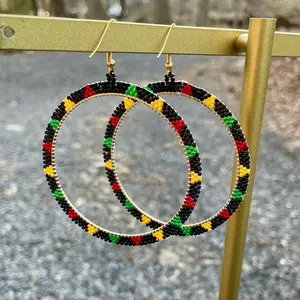Beaded Large Rasta Hoop Earrings - Colorful Beads, Stainless Steel, Hypoallergenic, Durable, 65 mm, Attached to Sterling Silver Hook Ear Wire