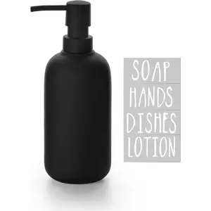 Ceramic Soap Dispenser - Elegant Hand Soap Pump with 4 Labels (Soap, Dishes, Lotion, Hands) - Durable & Stylish Ceramic Design for Kitchen & Bathroom, Refillable Liquid Soap dispenser (Black)