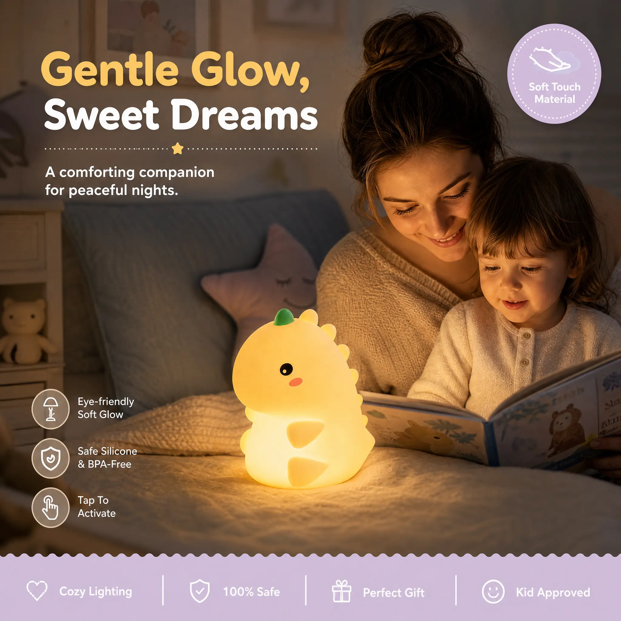 Cozy Dinosaur Silicone Decorative Night Light - USB Cordless Rechargeable Dimmable LED Mood Lamp, BPA-Free Touch Table Lamp with Batteries, Kids’ Nursery Safe Illuminated Companion, Perfect Gift, Dimmable Mood Lamp, Table Lamps