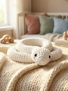 Cute Crochet Snake Plushie, Handmade Amigurumi White Snake Stuffed Toy, Soft Chunky Chenille Yarn Long Python Knitted Doll for Room Decor, Gift for Toddlers & Kids