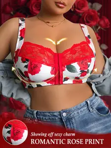 Women's Plus Size Push-Up Floral Bra, Full Coverage Front Closure Buckle Wireless Unlined, Wide Adjustable Straps Cover Side Breasts Breathable and Soft, Daily Wear