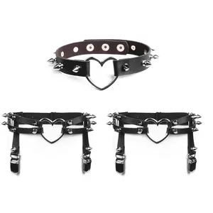 3pcs Women's Punk Rivet PU Leather Thigh Garter Belt & Choker Sockings Suspender Set