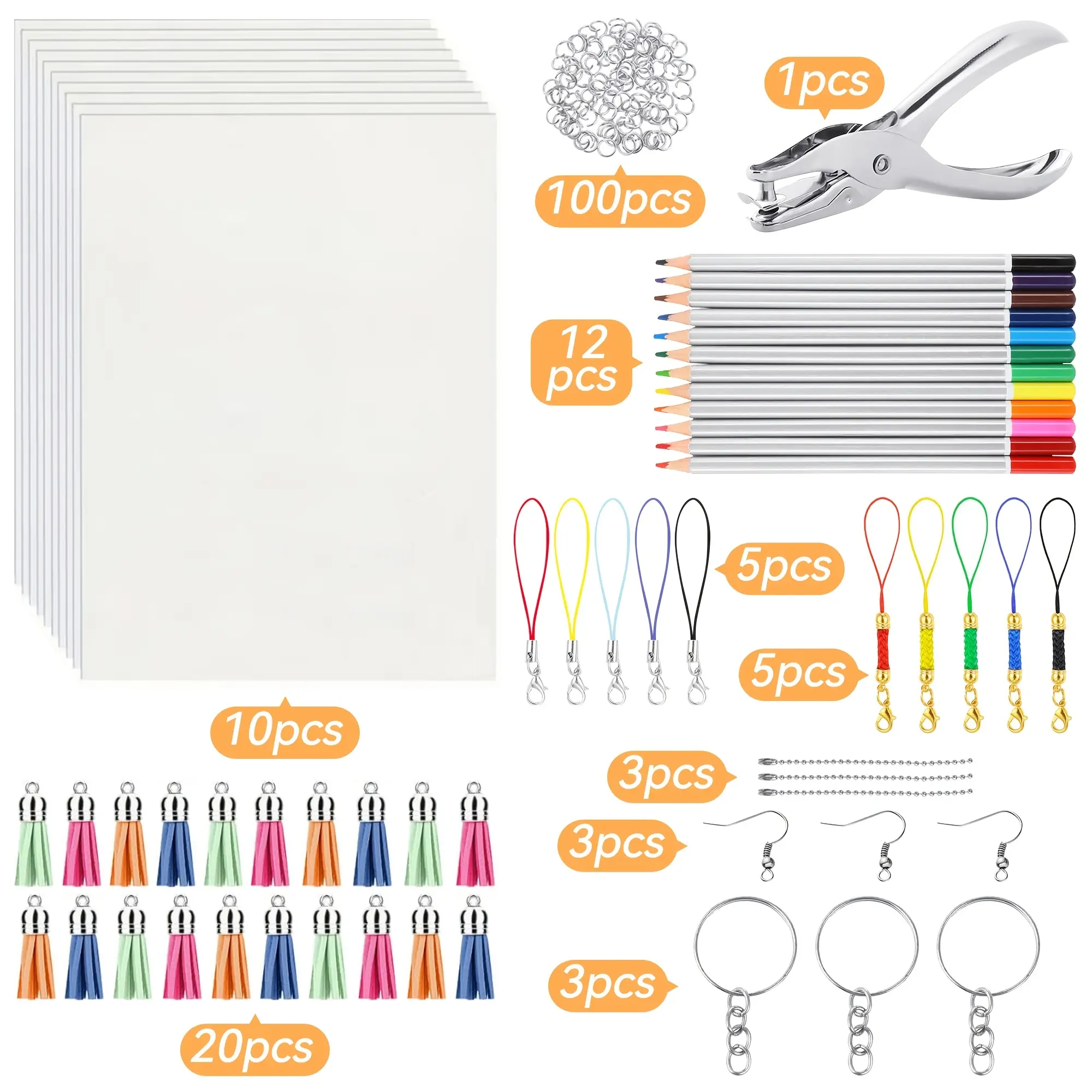 162pcs Shrink Plastic Kit Includes 10 Sheets Shrink Papers, Hole Punch, Keychain Accessories And Pencils for Shrinky Art And DIY Keychain Making Easter Mother Day Ornament