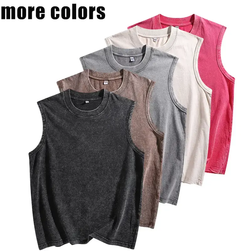 Men's 100% Cotton Sleeveless Retro Relaxed Fit Tank Top - Solid Color, Oversized, Vintage Washed, Breathable Streetwear, Cargo-Inspired Gym Outfit, Distressed Accents, Shorts-Friendly Vest