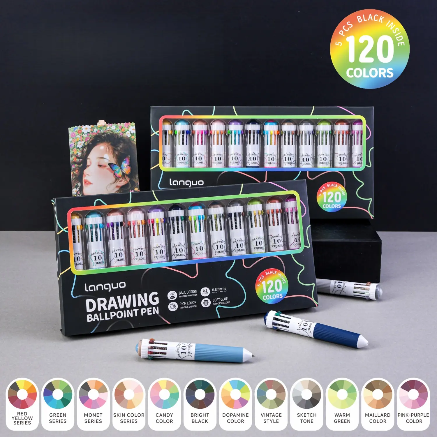 3/6/12 Pack Multicolor Drawing Sketch Pens, 28/60/120 Colors, 10-in-1 Colored Ballpoint Pen,0.8mm Fine Point Smooth Writing, Retractable Ballpoint Pens for Office School Students Gifts, Art Craft Supplies, Art Materials, Writing Tool