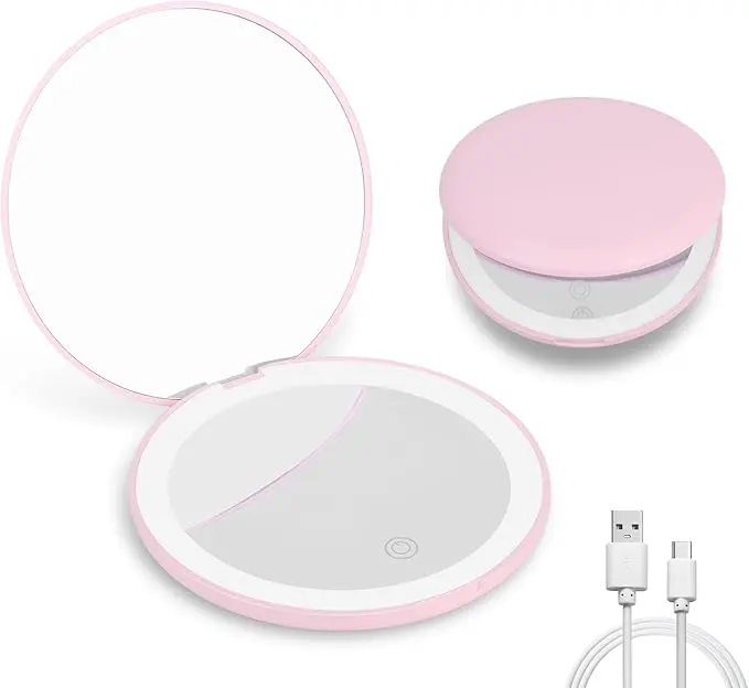 Rechargeable LED Compact Makeup Mirror, 1X & 10X Magnification Double Sided Lighted Pocket Mirror, Portable Travel Cosmetic Mirror with USB Charging