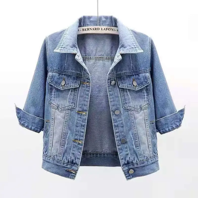Women's Short Cropped Denim Trucker Jacket - 3/4 Rolled Sleeve, Vintage Washed, Casual Lightweight Jean Outerwear