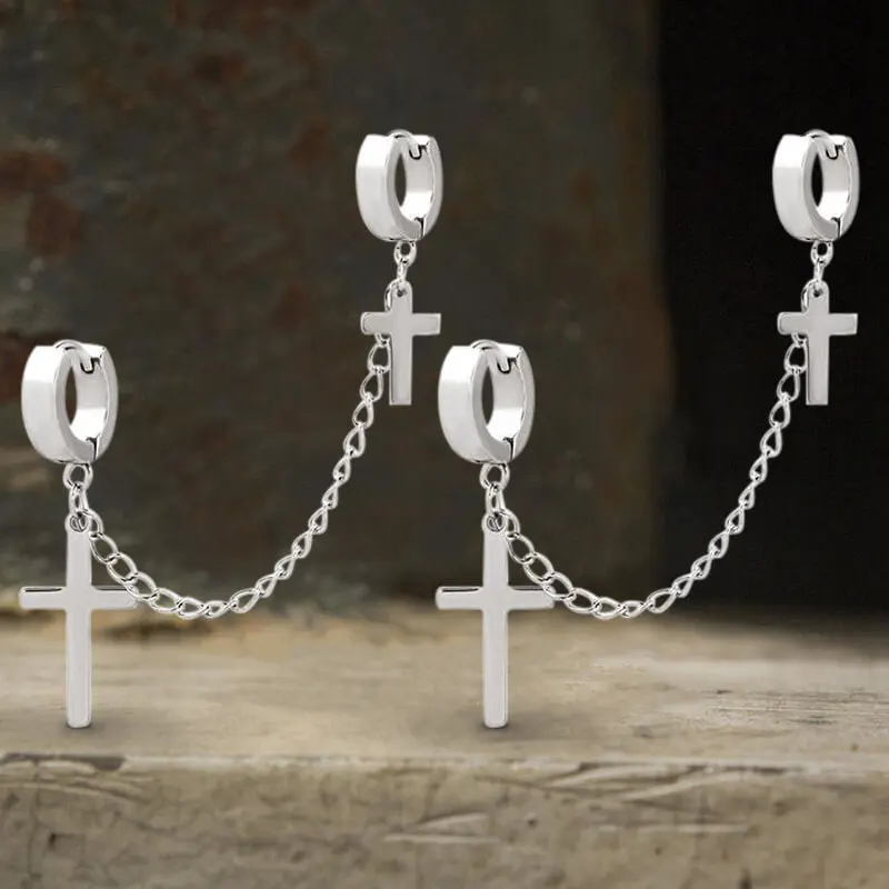 GTHIC Silver Punk Style Stainless Steel Cross Tassel Earrings, Trendy Jewelry for Men, Men's Accessories Daily Wear Statement Jewelry, Punk Style Earrings