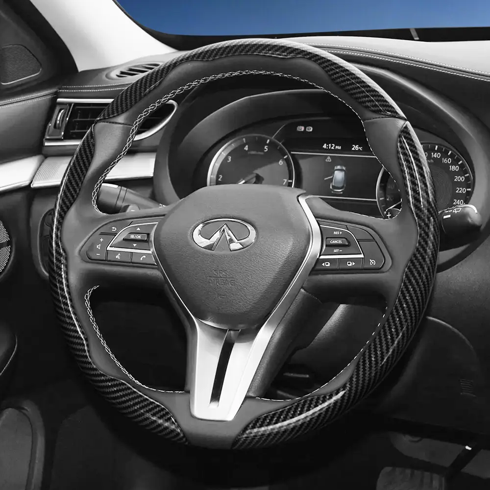 For Infiniti Segmented Carbon Fiber Steering Wheel Cover, Steering Wheel Protector Non-Slip Grip 2-Piece/3-Piece Set Quick-Install All-Season Compatibility For QX60/QX50/QX80/QX55/Q50/Q60/QX70 Black Blue, Automotive Car Accessories