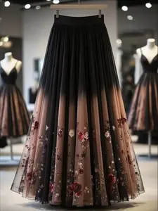 Elegant Rose Print Mesh Half Body Skirt, Long Floral Pattern Dress, Women's Fashion Clothing, Perfect for Parties & Special Occasions
