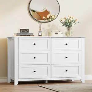 6 Drawer Dresser with Metal Knobs,  54" Wide Wooden Double Storage Chest for Bedroom Entryway Hallway