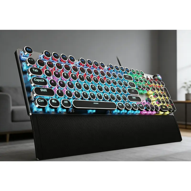 Gaming Keyboard Wired Mechanical Blue Switches Retro Punk Round Keycaps Rainbow LED Backlit Removable Wrist Rest Media Control Knob USB Wired Computer Keyboard F2088