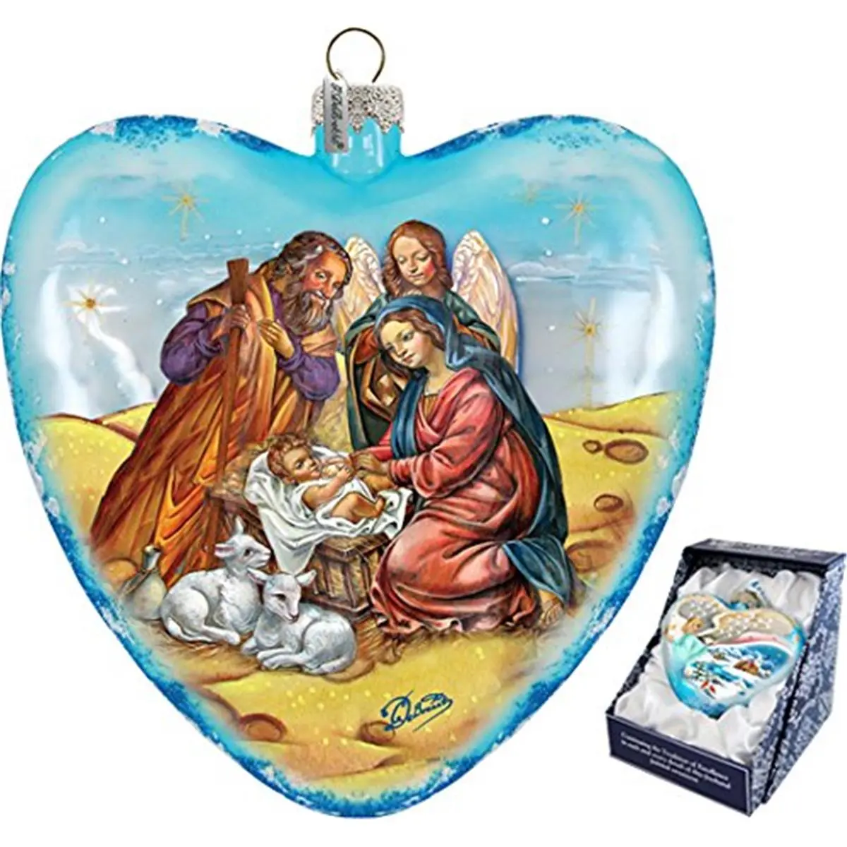 212 MAIN GDeBrekht 5.5 in. Limited Edition Satin Artistic Glass Heart Nativity Scene Ornament - Extra Large, Nostalgic Christmas Tree Decoration, Christmas Home Holiday Decorating Gift