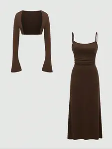 Elegant Women's Dress Set for Fall & Winter, Long Sleeve Outerwear with Thin Straps, Ruched Slim Fit Maxi Dress